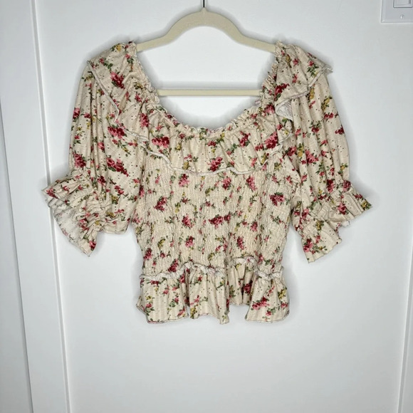 Free People Favorite Girl Floral Ruffle Top Blouse Size M Boho Cottage Prairie - Picture 5 of 7
